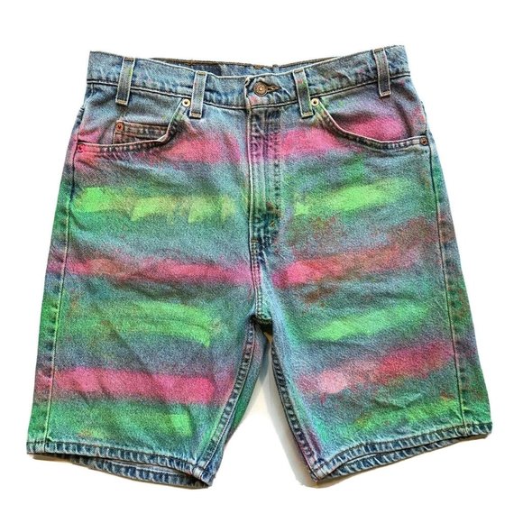 Vintage Levi's 550 Jean Denim Shorts Men 32‎ (31) USA Orange Tab Painted Altered - Picture 2 of 12